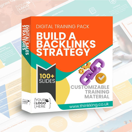 Digital training pack for building a backlinks strategy with colorful design on a textured background.